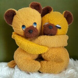 Vintage Hugging Bears Plush Stuffed Animal Yellow Brown Felt Eyes Unique 13"